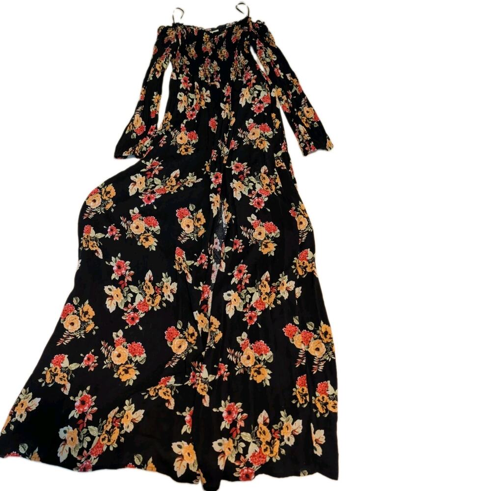 Altar'd State Black Floral Off Shoulder Smocked Maxi Dress Boho Slit Small